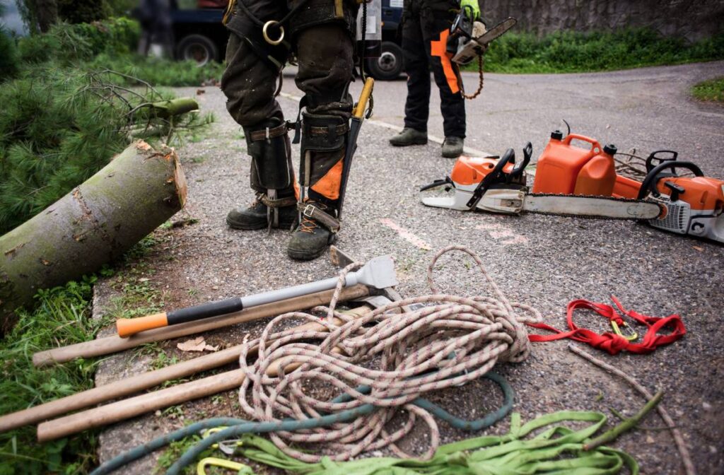 Tools, ropes, and equipment gathered neatly for a job site.