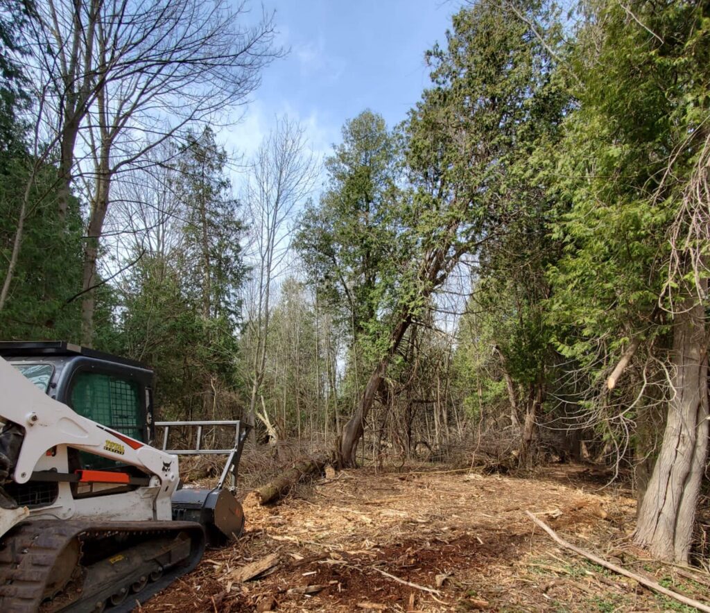 Service vehicle in a partially cleared, muddy, rural access road.